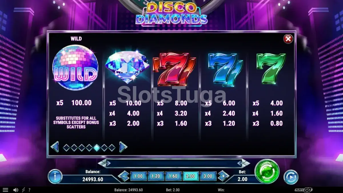 Tabela de pagamentos da Disco Diamonds mostrando símbolos e valores