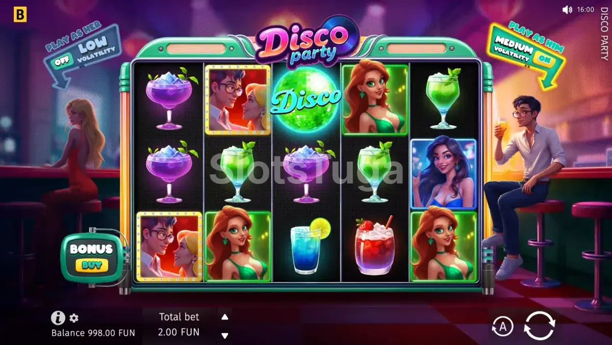 Jogo base da slot Disco Party com símbolos retrô e luzes coloridas