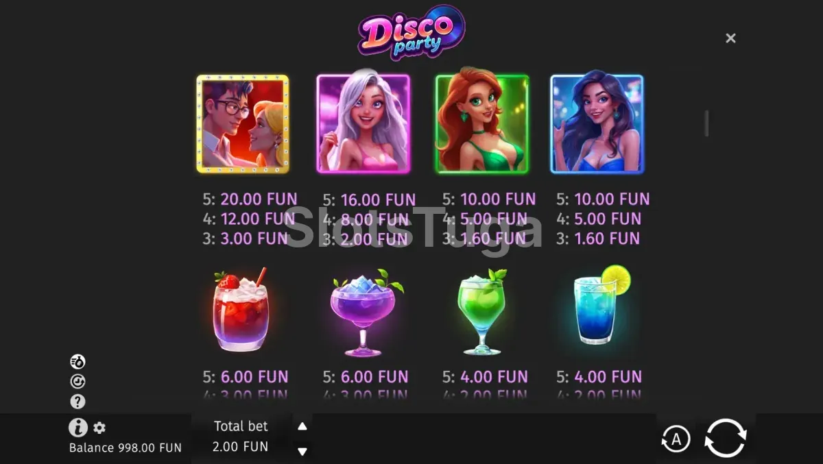 Tabela de pagamentos da slot Disco Party com todos os símbolos e valores
