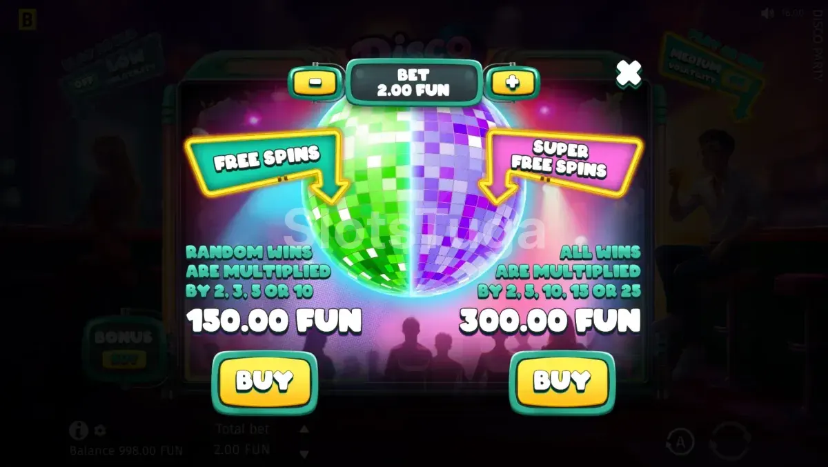 Tela de compra de bônus da slot Disco Party com opções disponíveis