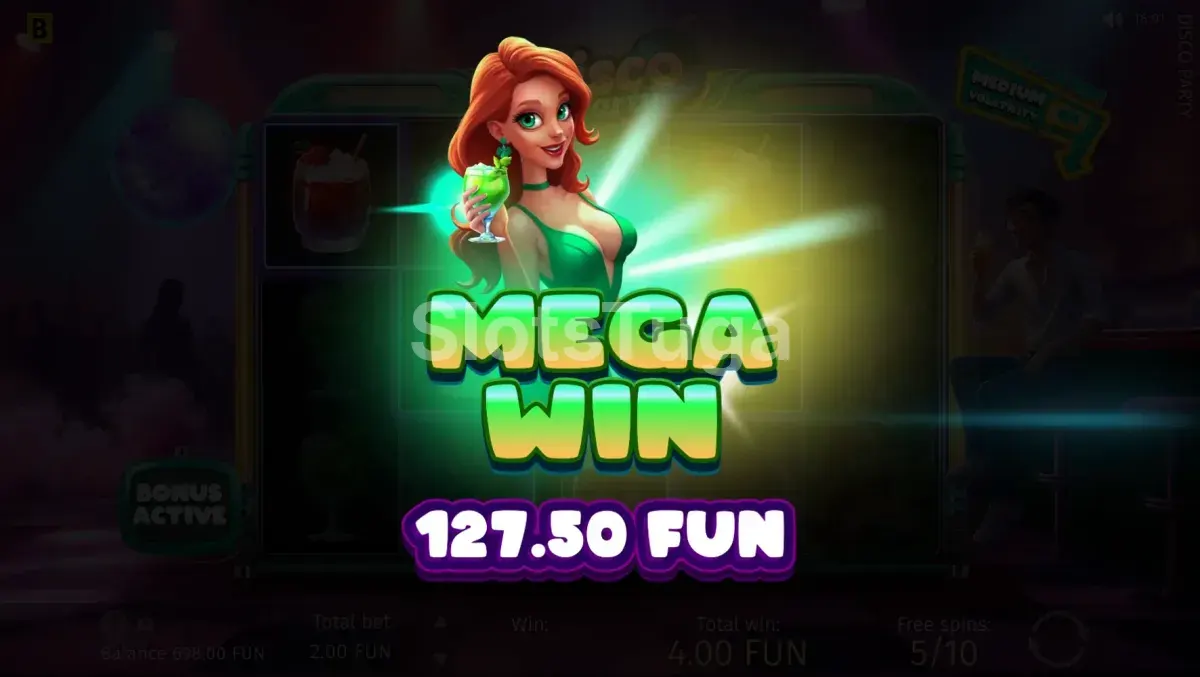 Grande vitória na slot Disco Party com multiplicador ativo na tela