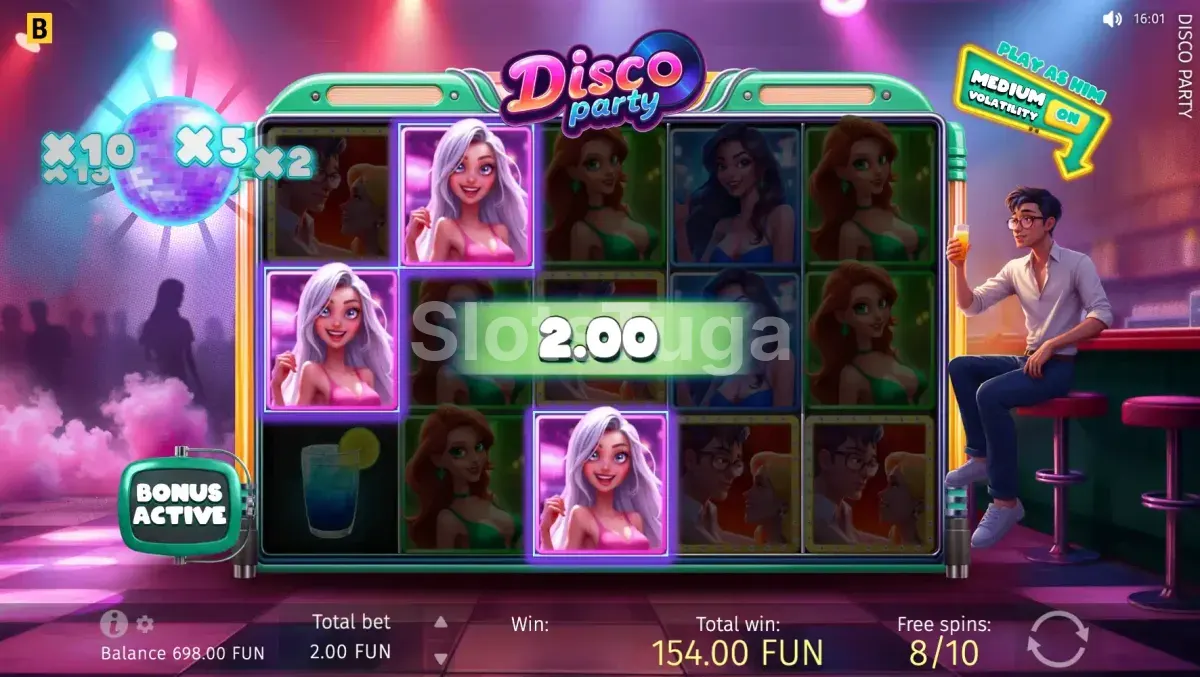 Rodadas grátis ativadas na slot Disco Party com multiplicadores em destaque