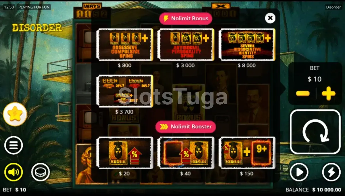 Tela de compra de bônus da slot Disorder com opções disponíveis