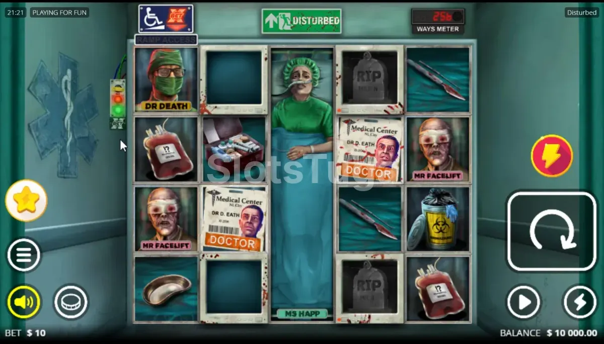 Disturbed em jogo base: uma paciente na maca no rolo central, bolsas de sangue, bisturis e o medidor de formas de ganhar no canto.