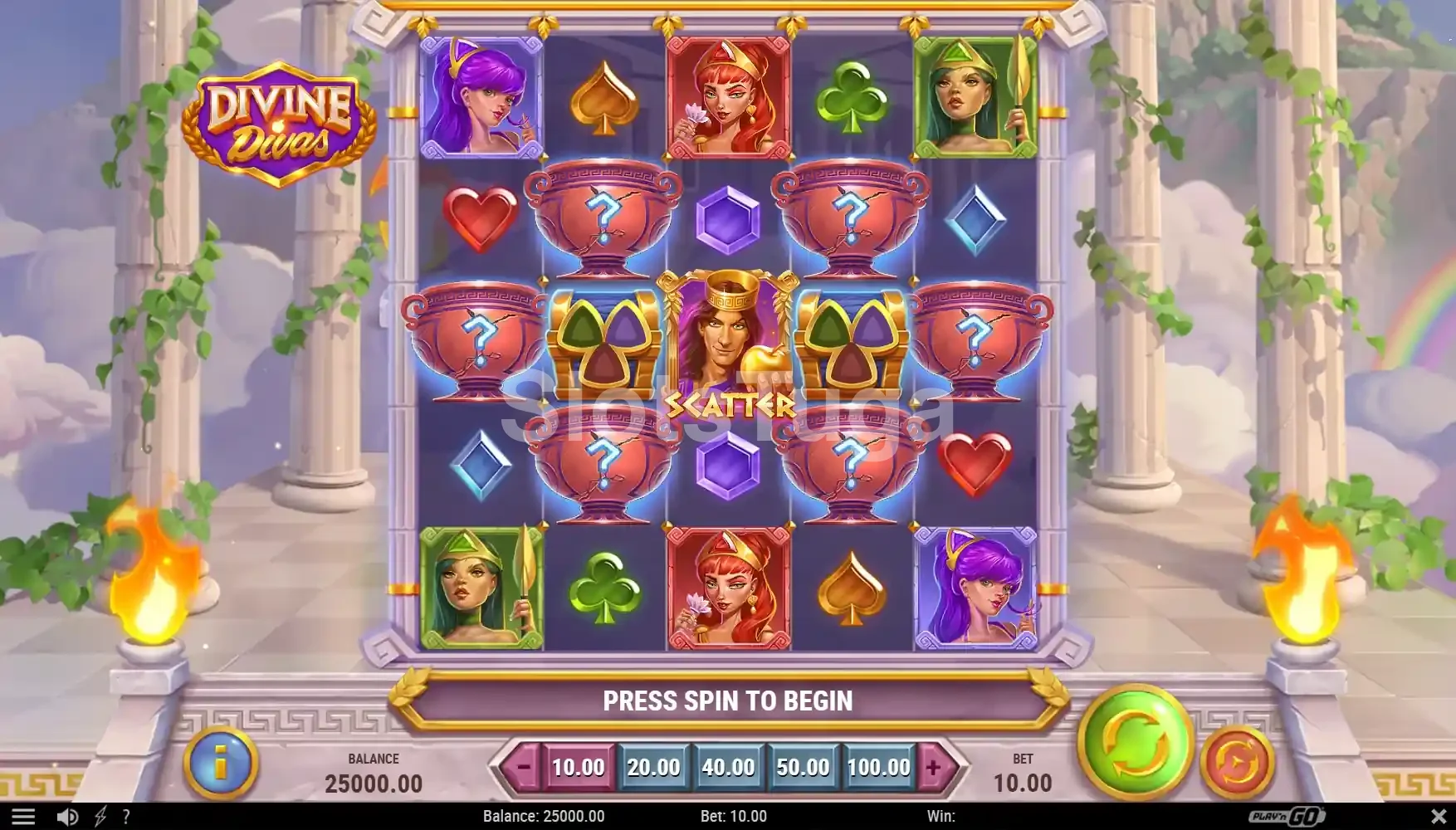 Tela principal do slot Divine Divas com as três deusas gregas