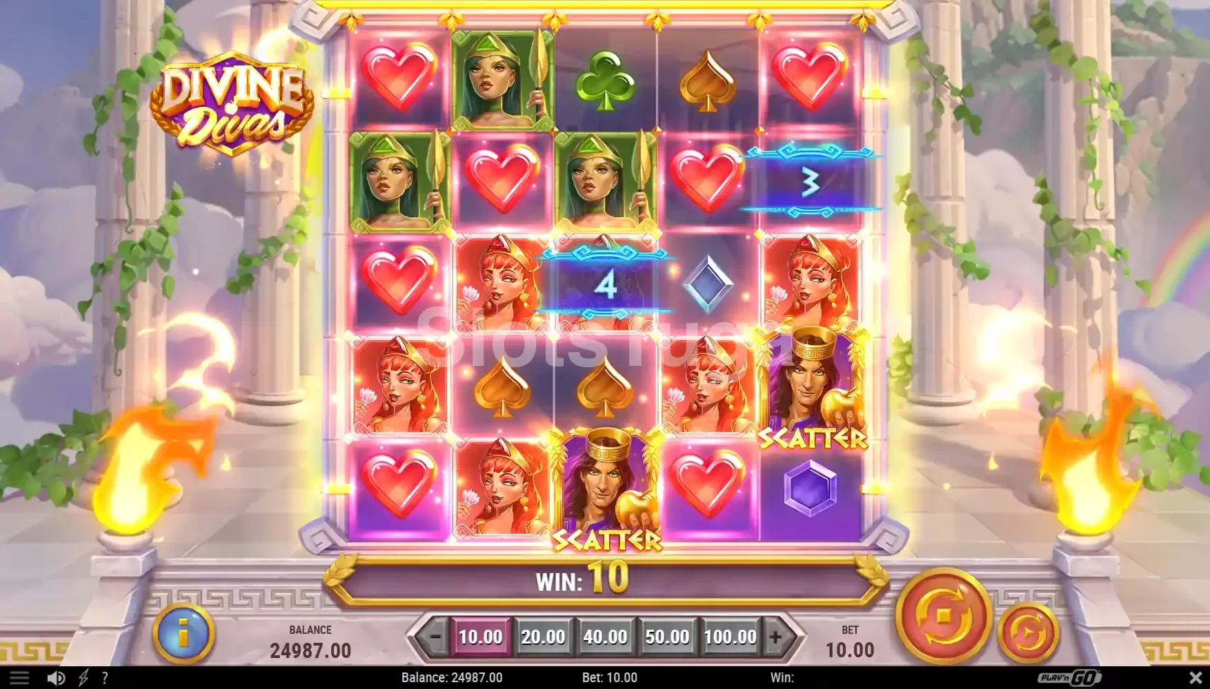 Resultado de rodada com multiplicadores no slot Divine Divas
