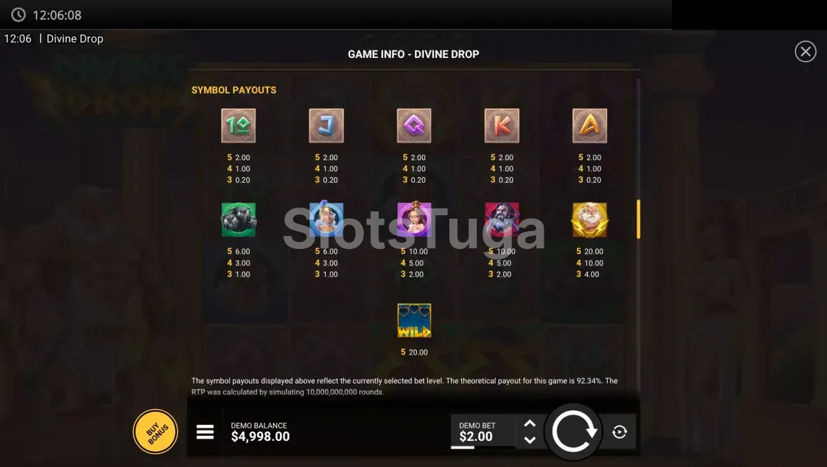 Tabela de pagamento da Divine Drop com símbolos dos deuses