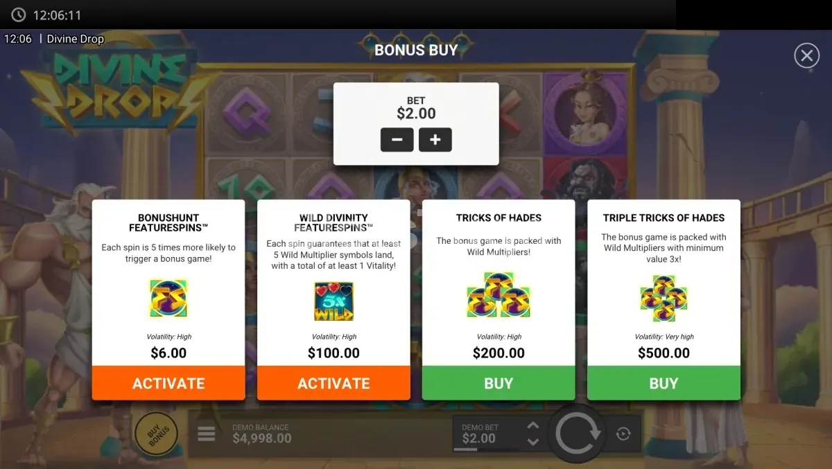 Menu de compra de bônus da Divine Drop com as quatro opções