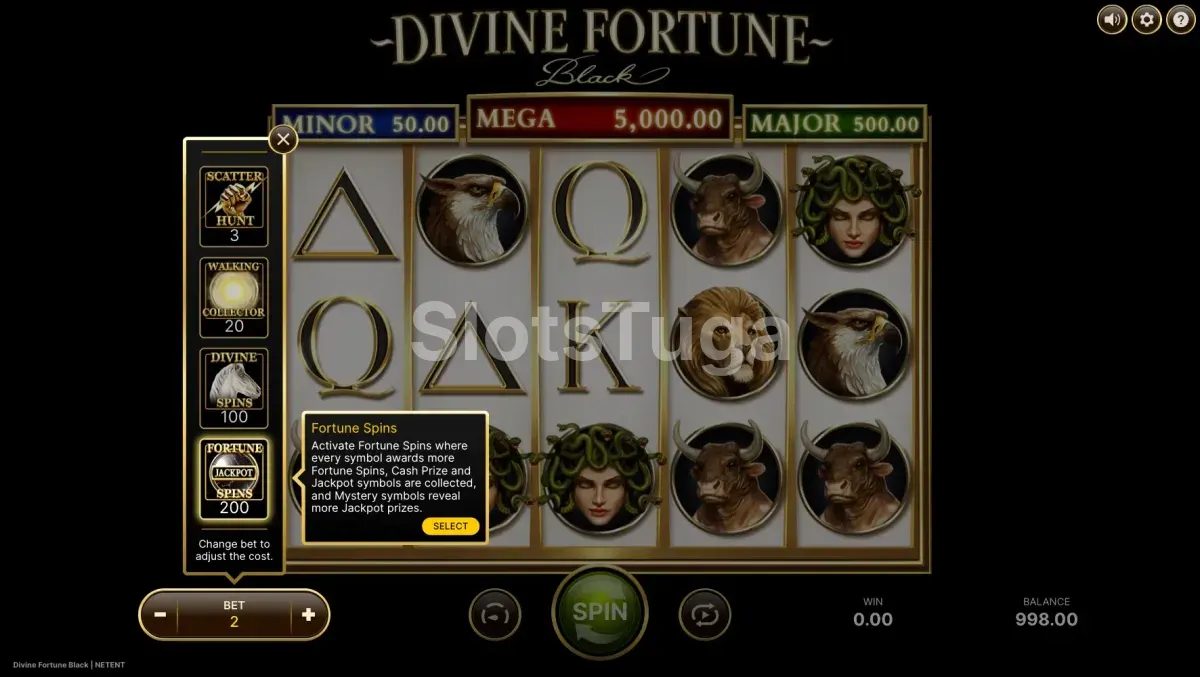 Tela de compra de bônus da Divine Fortune Black com opções disponíveis