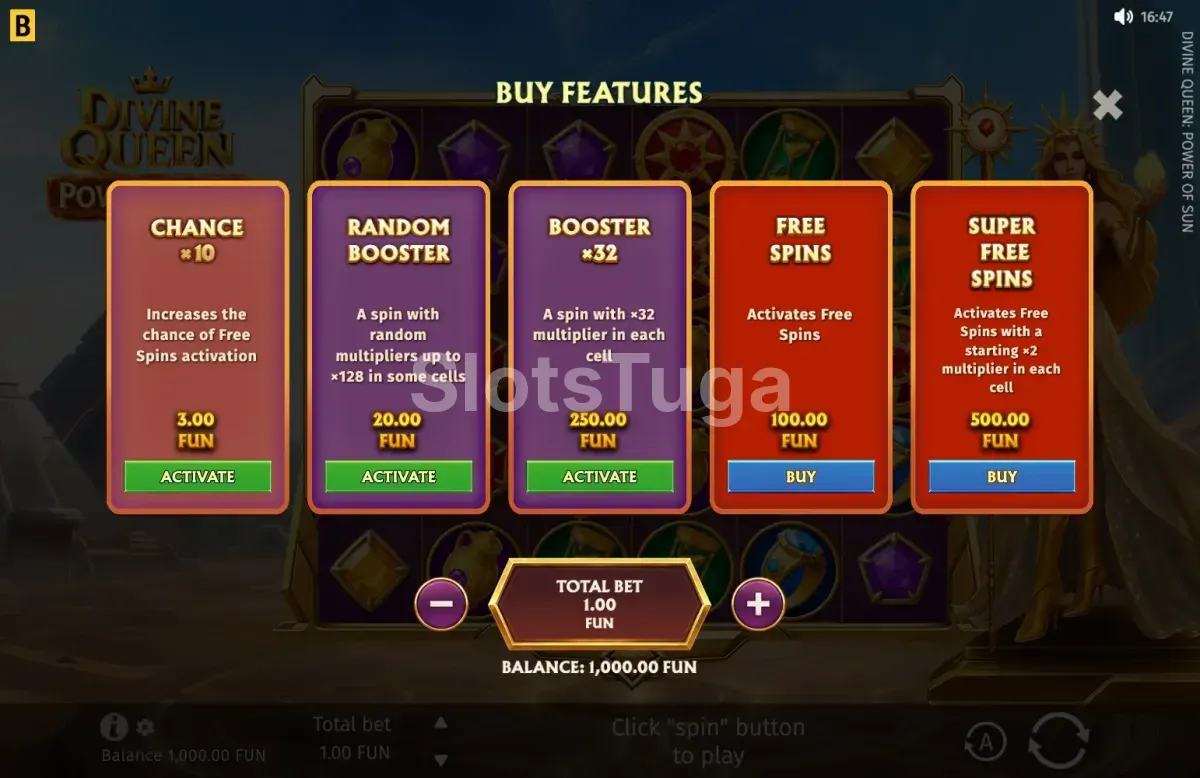Menu de compra de bónus de Divine Queen Power of Sun