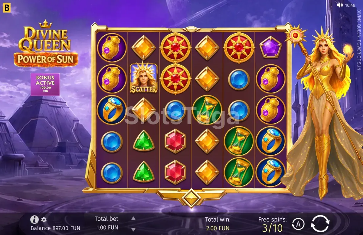 Rodadas grátis de Divine Queen Power of Sun com multiplicadores fixos nas células