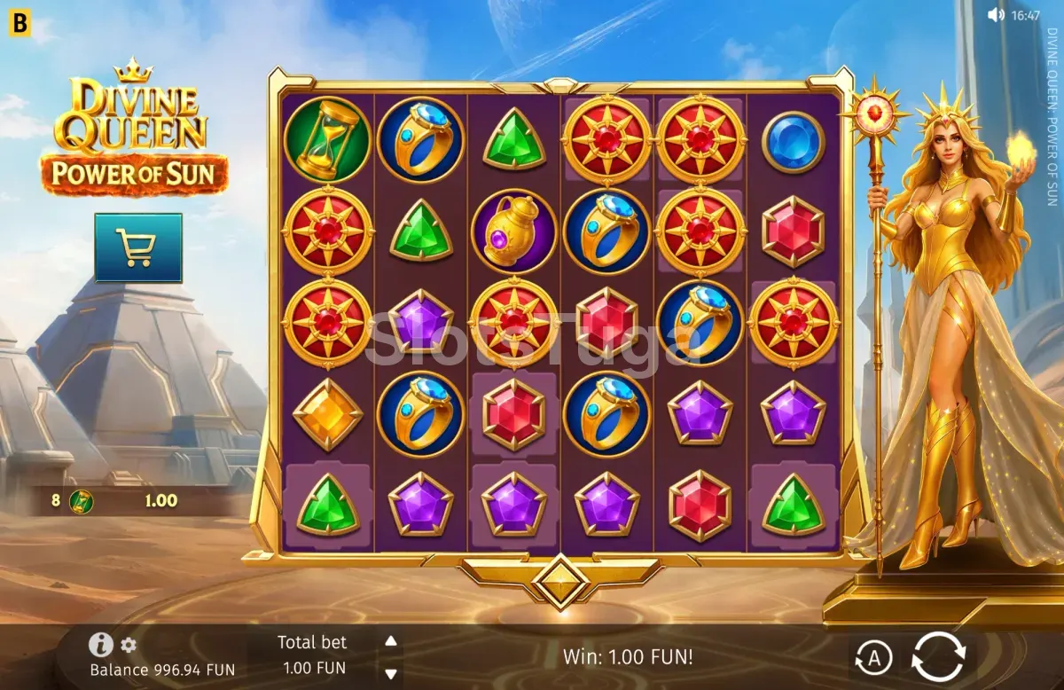 Jogo base de Divine Queen Power of Sun com a grelha de 6 rolos