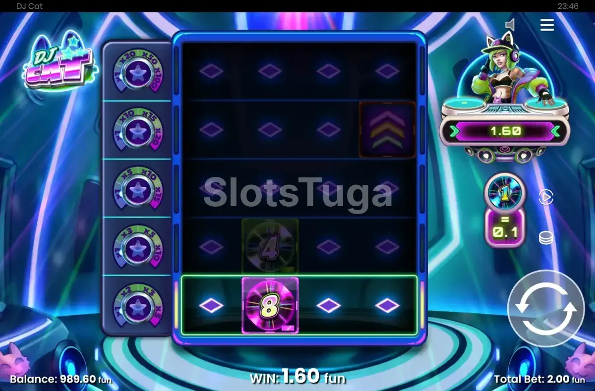 Tela principal do jogo DJ Cat com grade de rolos iluminada
