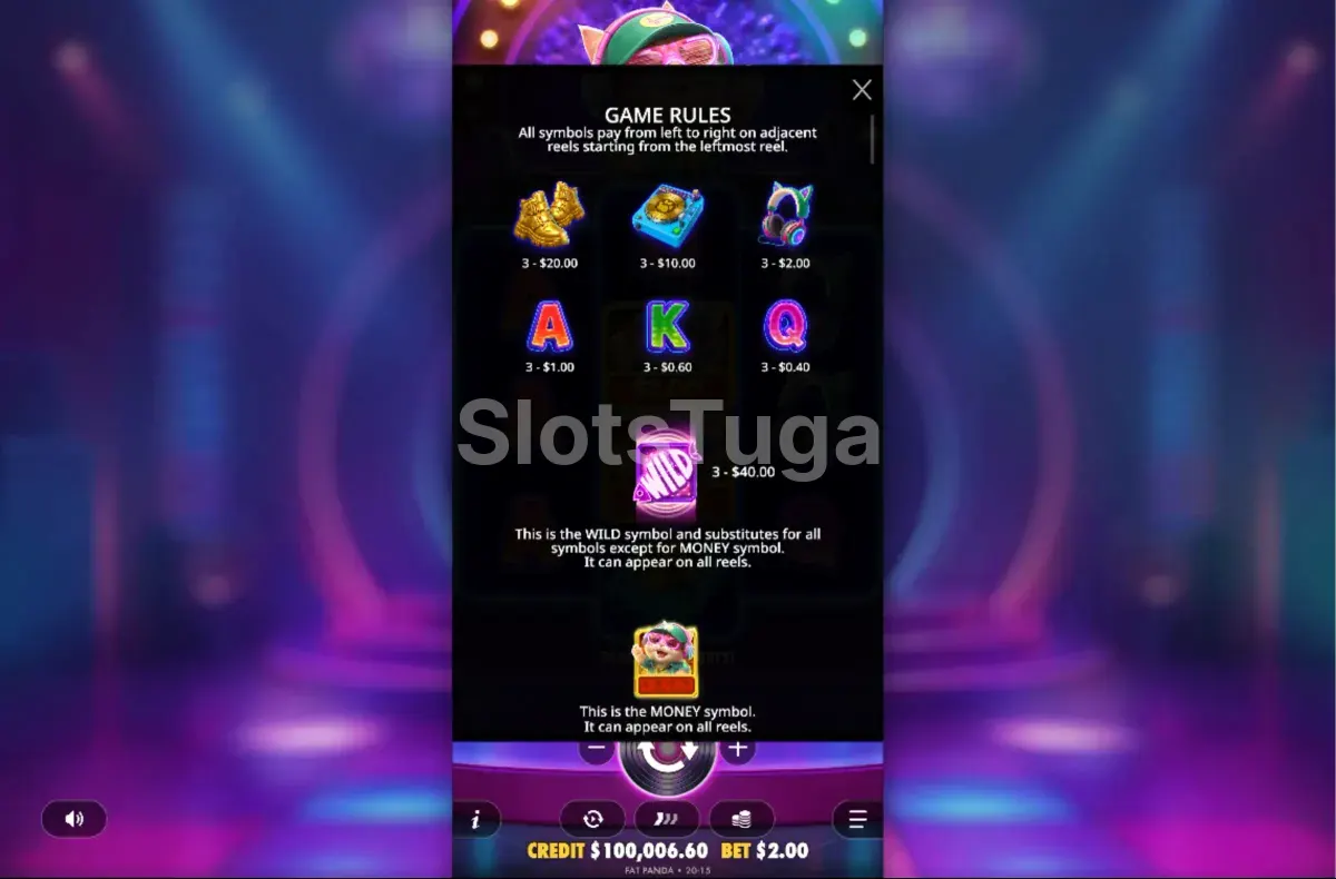 Tabela de pagamentos da slot DJ Neko da Pragmatic Play
