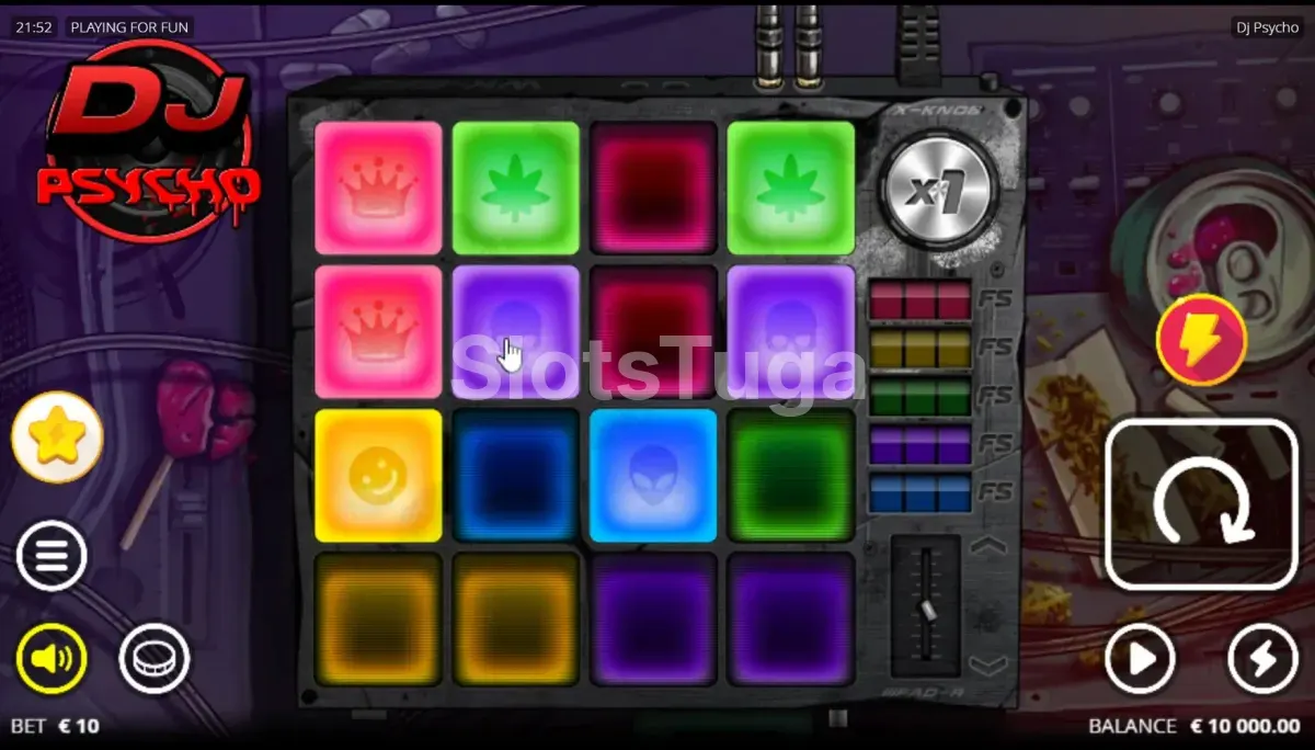Jogo base da slot DJ Psycho com rolos e símbolos psicodélicos