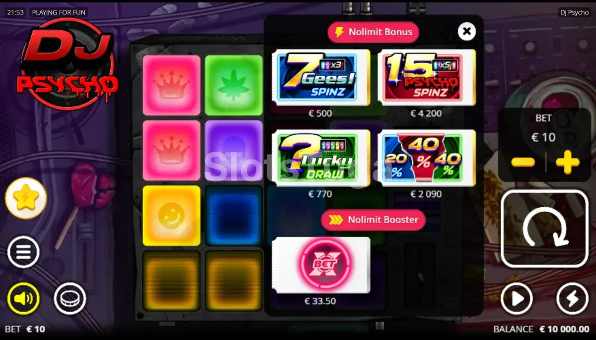 Tela de compra de bônus da slot DJ Psycho