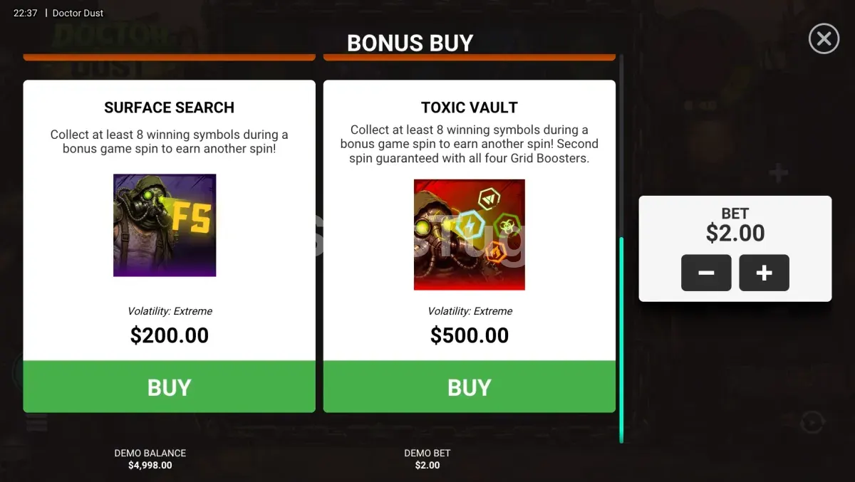 Menu de Bonus Buy de Doctor Dust com as quatro opções