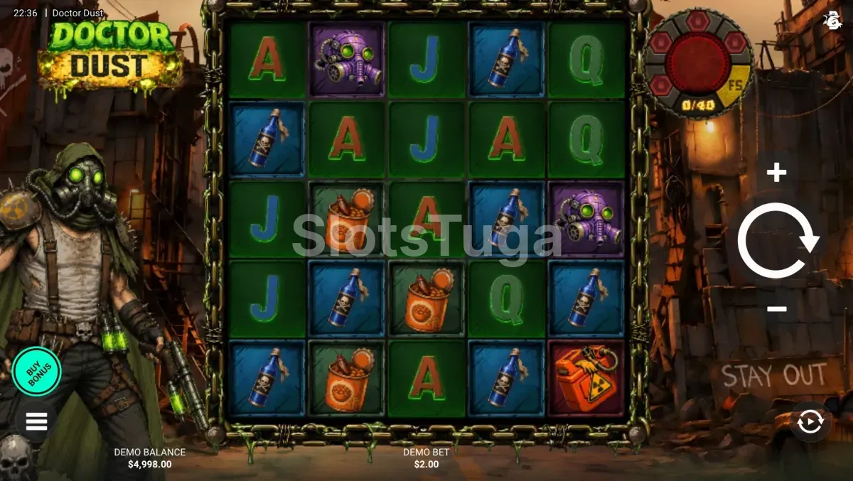 Base game de Doctor Dust com a grelha 5x5 e a barra de recolha
