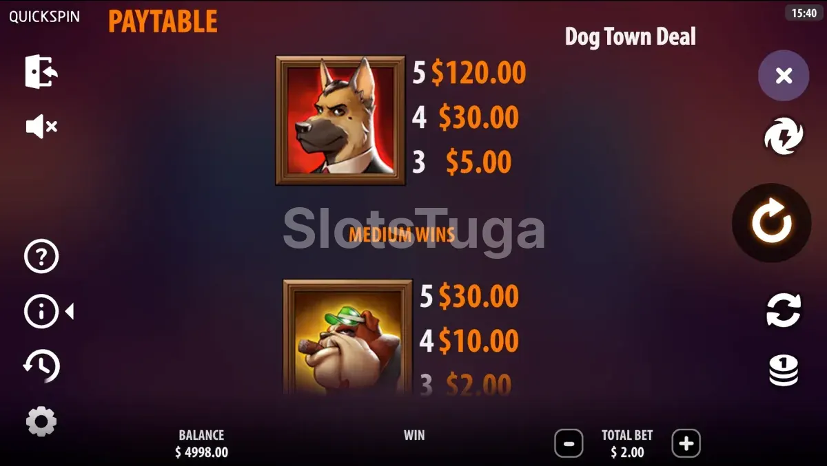 Tabela de pagamentos do Dog Town Deal mostrando símbolos e valores