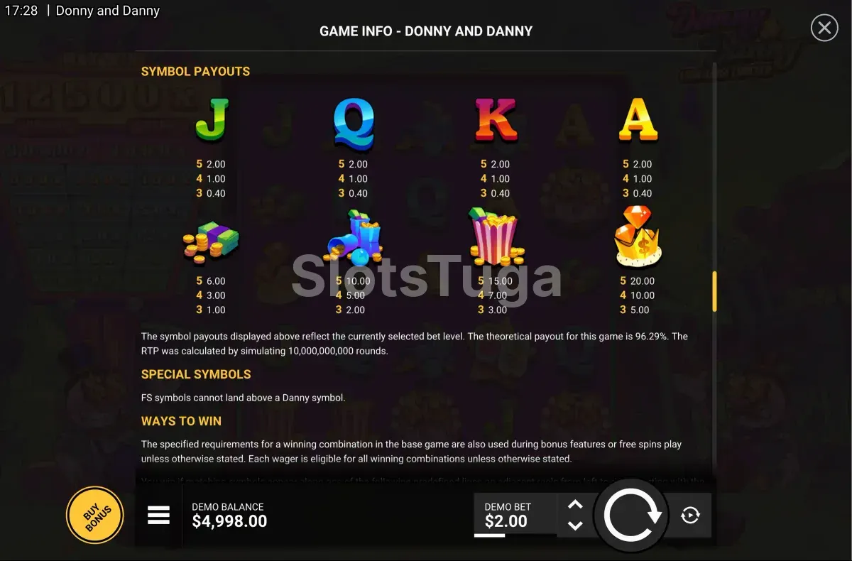 Tabela de pagamentos da slot Donny And Danny