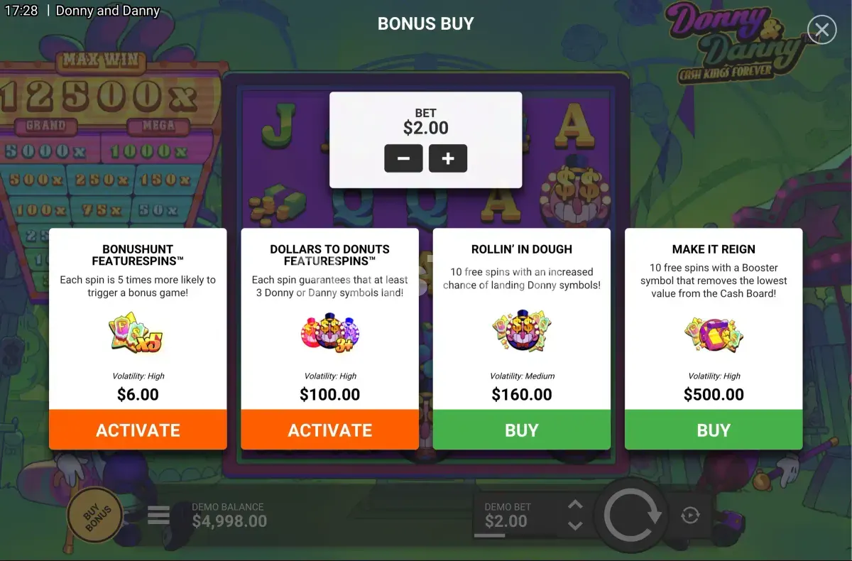 Tela de compra de bônus da slot Donny And Danny