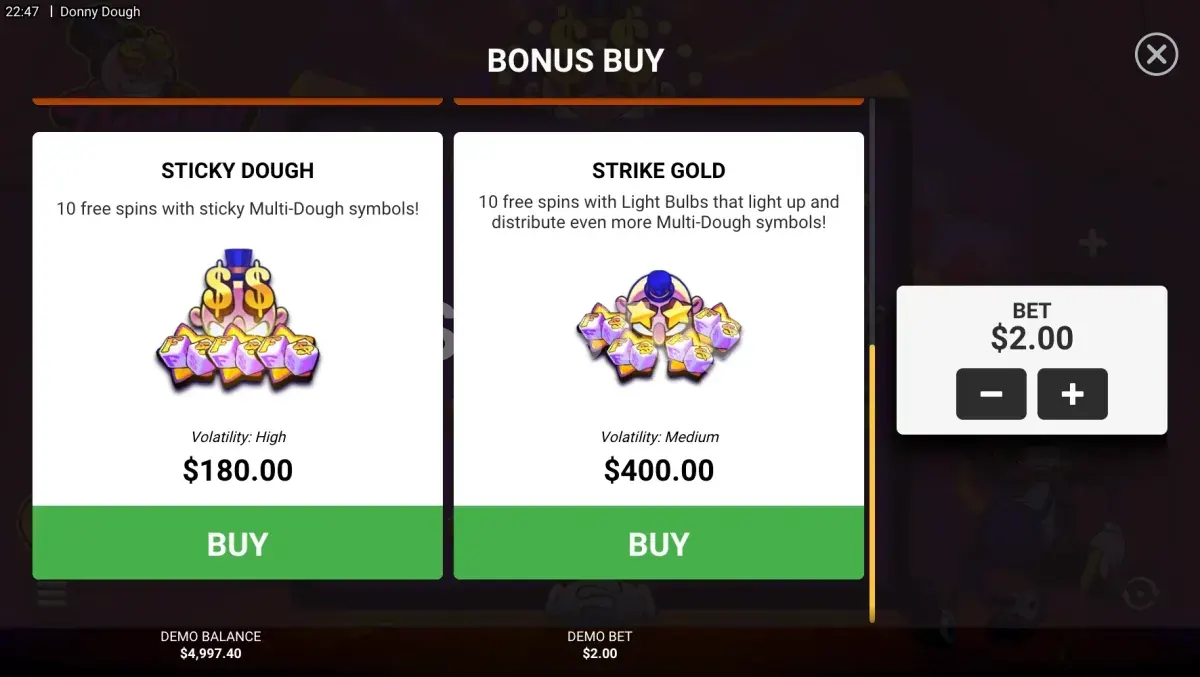 Tela de compra de bônus da slot Donny Dough