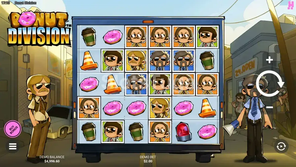 Tela inicial da Donut Division com policiais e cenário anos 70