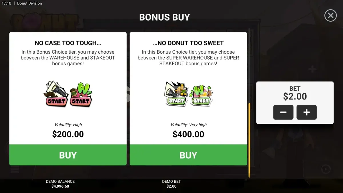 Menu de bonus buy da Donut Division com todas as opções