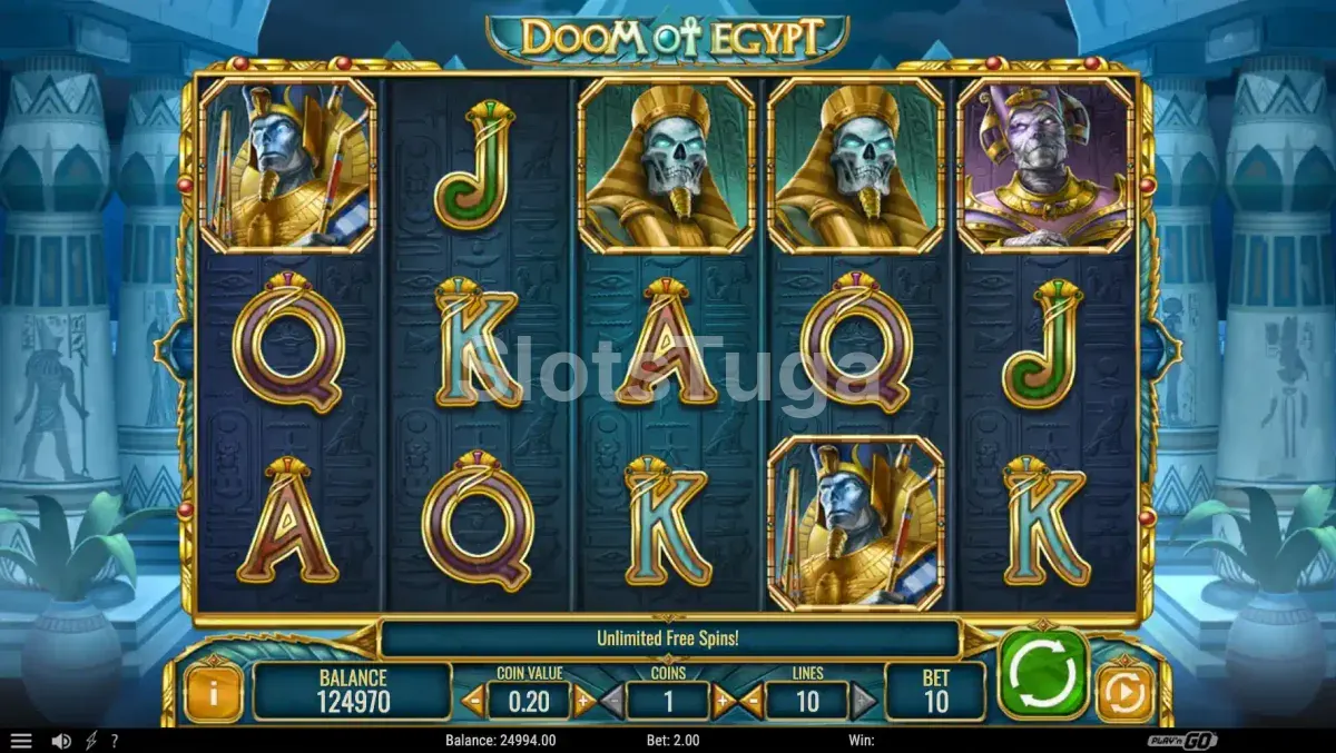 Tela inicial da slot Doom of Egypt com tema egípcio