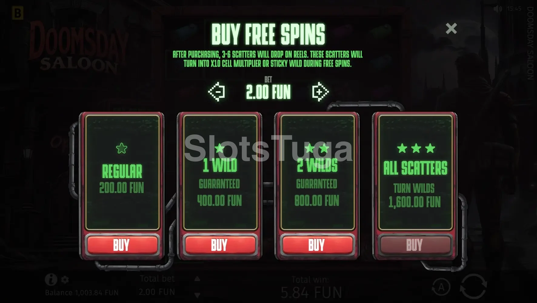 Menu de compra de bônus do Doomsday Saloon BGaming