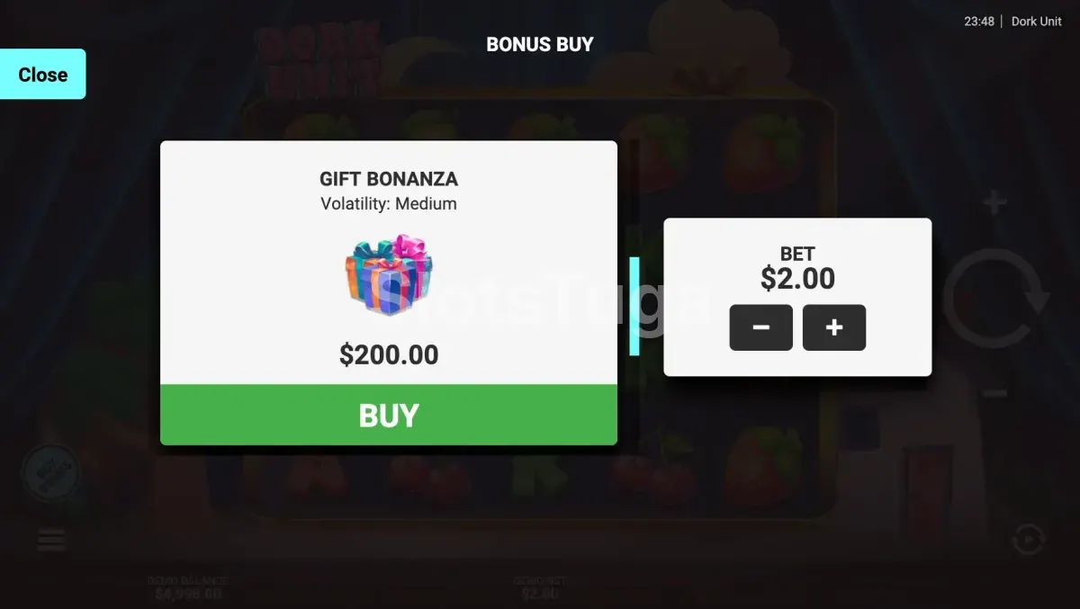 Tela de compra de bônus da Dork Unit com as opções disponíveis