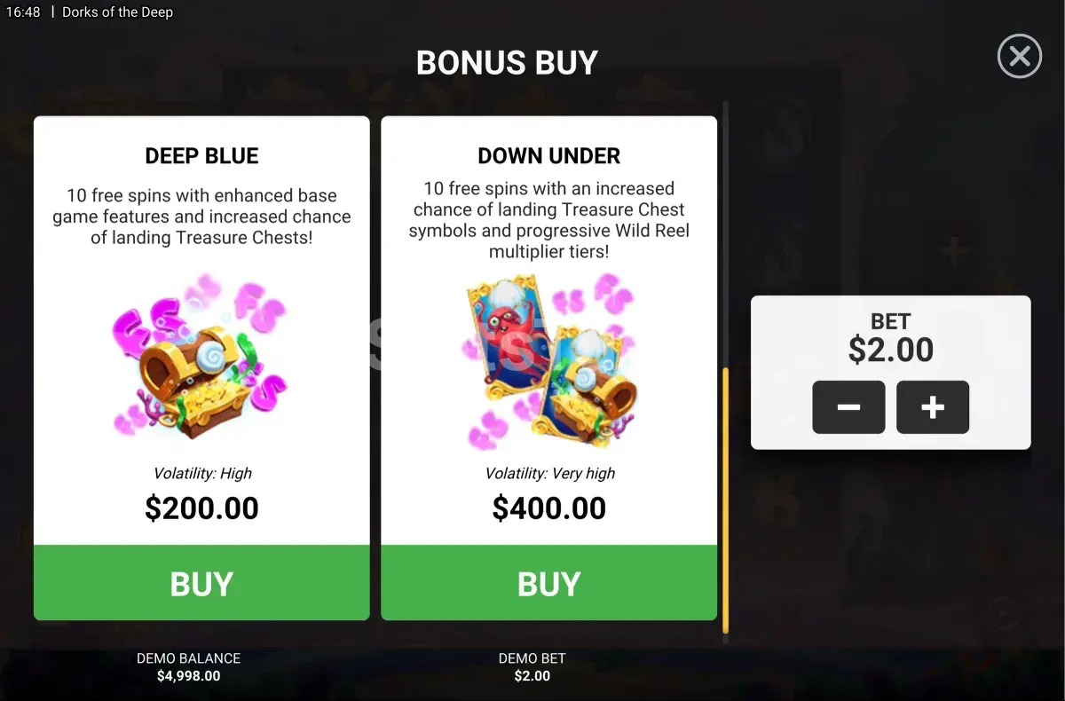 Tela de compra de bônus do Dorks of the Deep