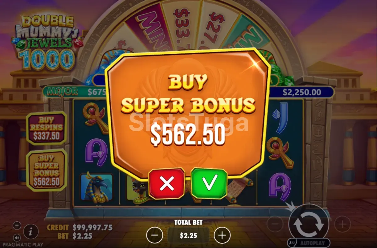 Menu de compra de bónus de Double Mummys Jewels 1000 com RESPINS e SUPER BONUS