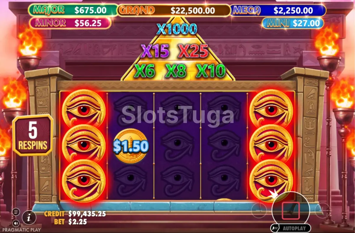 Ronda de respins em Double Mummys Jewels 1000 com multiplicadores por símbolo