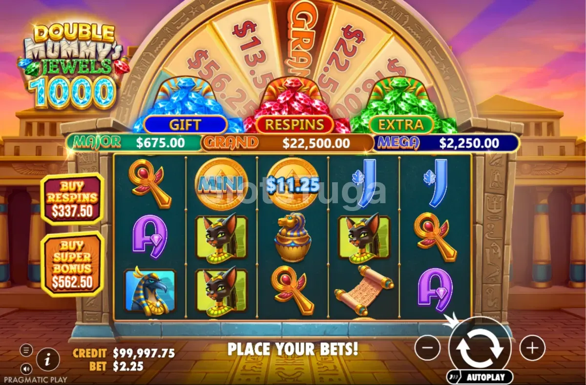 Jogo base de Double Mummys Jewels 1000 com coletores nos rolos das pontas