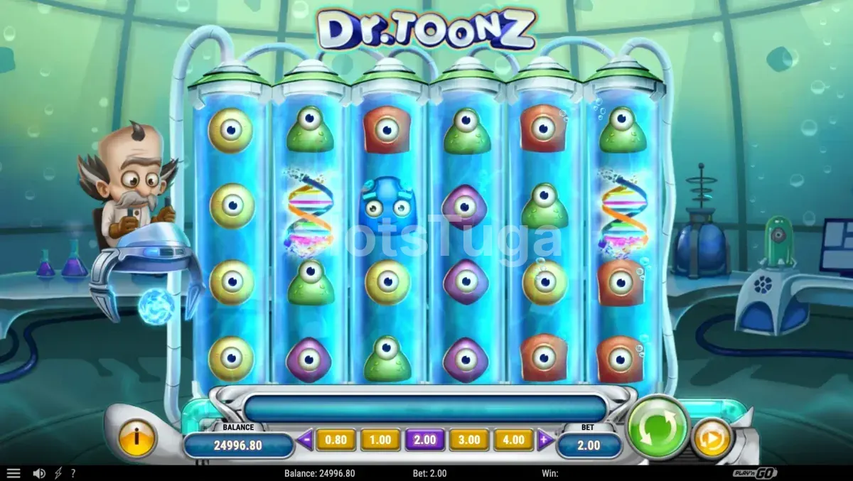 Tela principal do slot Dr Toonz com laboratório subaquático