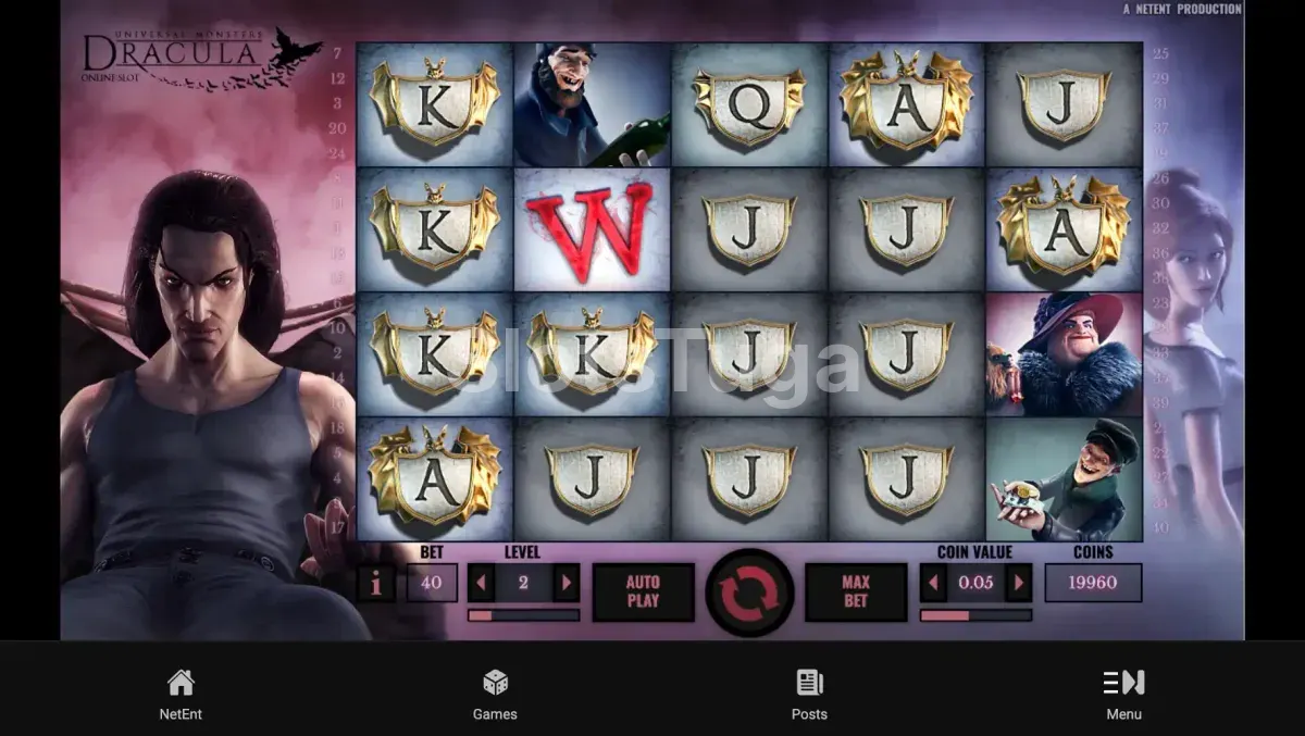 Jogo base da slot Dracula da NetEnt com rouleaux e símbolos góticos