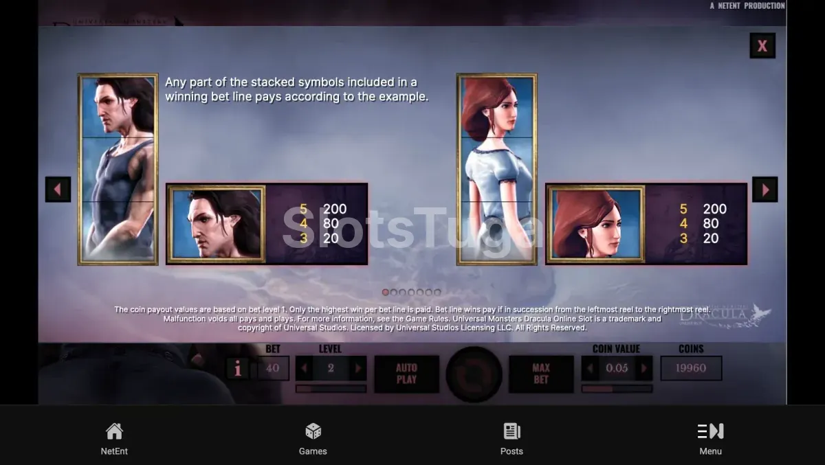 Tabela de pagamentos da slot Dracula mostrando os símbolos e seus valores
