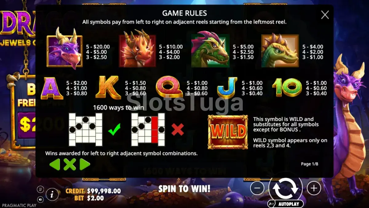 Tabela de pagamentos da slot Drago Jewels of Fortune mostrando símbolos e valores
