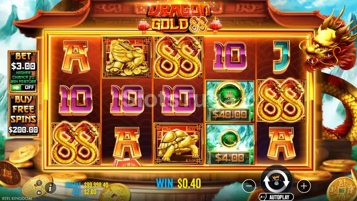 Tela inicial do Dragon Gold 88 com rouleaux e símbolos asiáticos