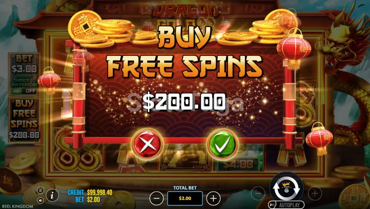 Tela de compra de bônus do Dragon Gold 88