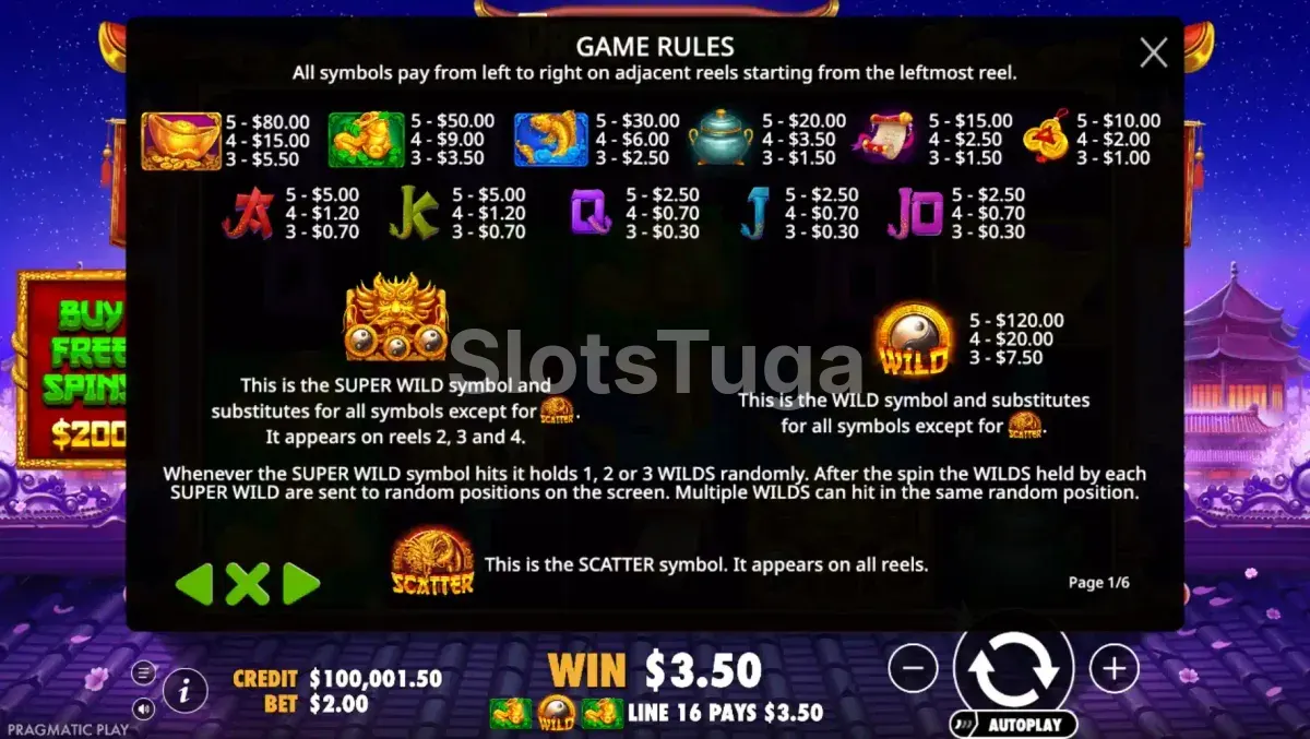 Tabela de pagamentos do Dragon Hero mostrando valores dos símbolos