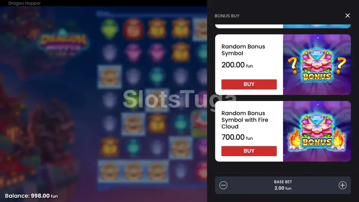Tela de compra de bônus do Dragon Hopper com opções de Free Spins