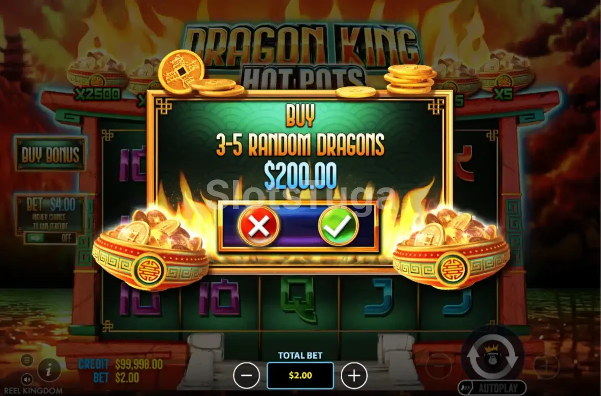 Tela de compra de bônus da Dragon King Hot Pots com opções disponíveis