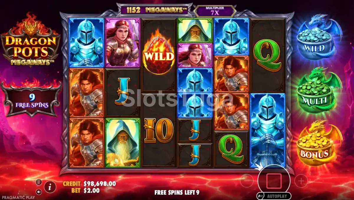 Rodadas gratuitas ativadas na Dragon Pots Megaways com multiplicadores no rolo