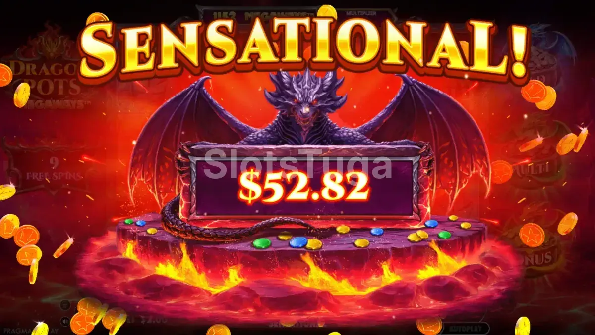 Grande vitória na Dragon Pots Megaways mostrando ganho expressivo na tela