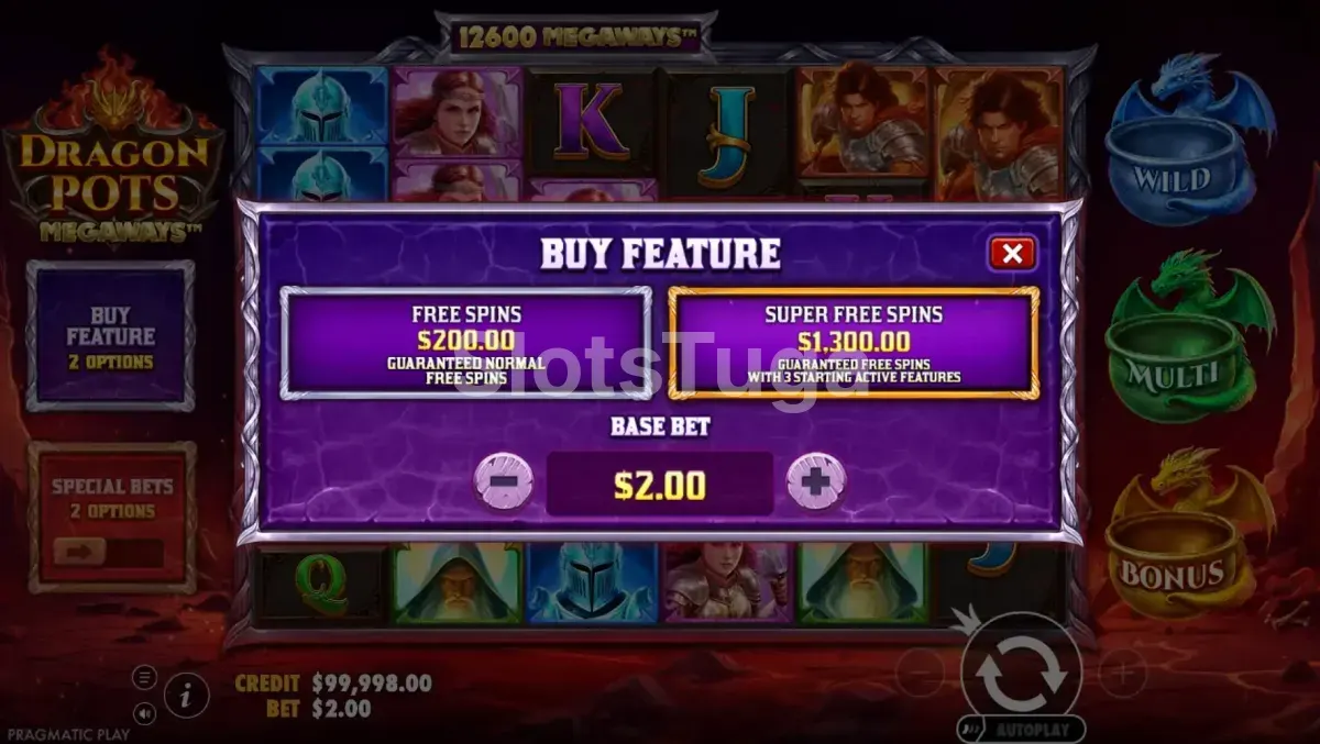 Tela de compra de bônus da Dragon Pots Megaways com opções de Bonus Buy