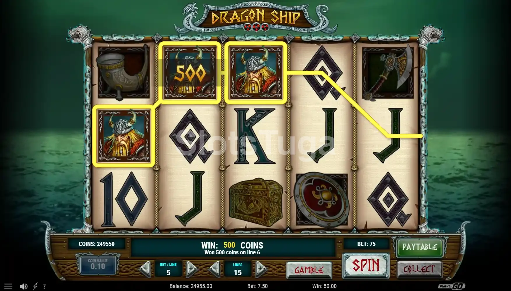 Resultado de giro com combinação vencedora na Dragon Ship