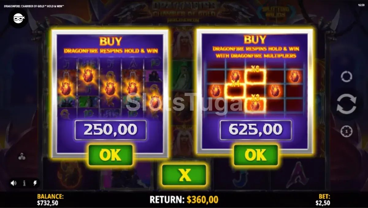 Tela de compra de bônus na Dragonfire Chamber of Gold da iSoftBet