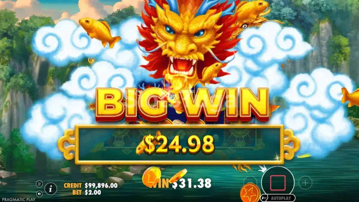Grande vitória sendo exibida na Dragon's Gate Bonus Choice com símbolos dourados